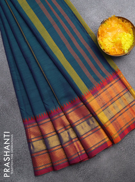 Narayanpet cotton saree dual shade of bluish green and maroon with plain body and zari woven border