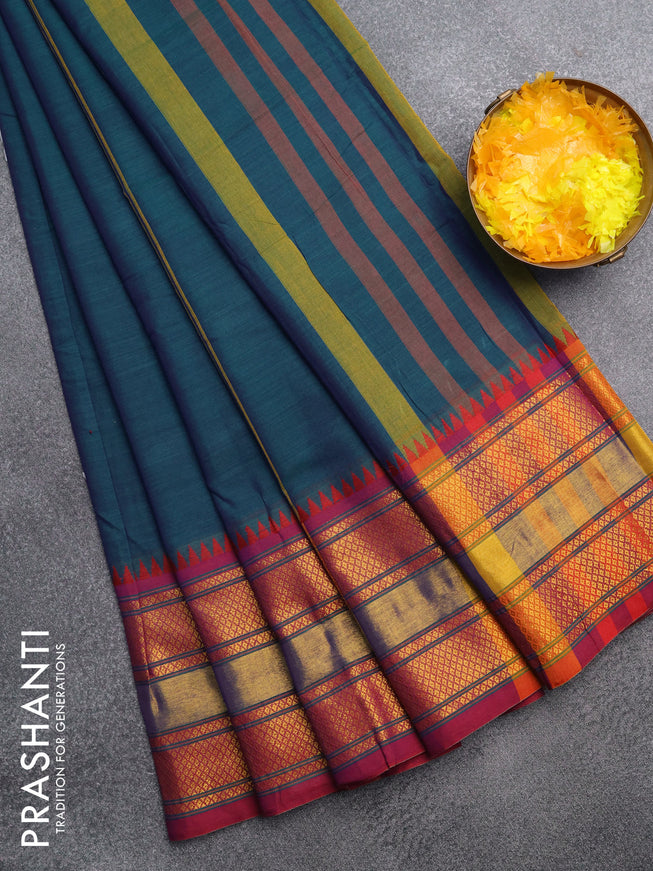 Narayanpet cotton saree dual shade of bluish green and maroon with plain body and zari woven border