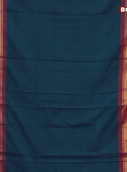 Narayanpet cotton saree dual shade of bluish green and maroon with plain body and zari woven border