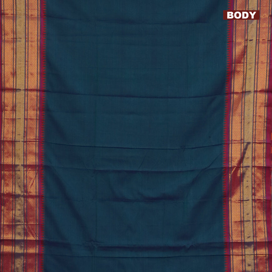 Narayanpet cotton saree dual shade of bluish green and maroon with plain body and zari woven border