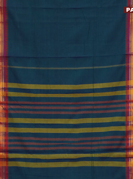 Narayanpet cotton saree dual shade of bluish green and maroon with plain body and zari woven border