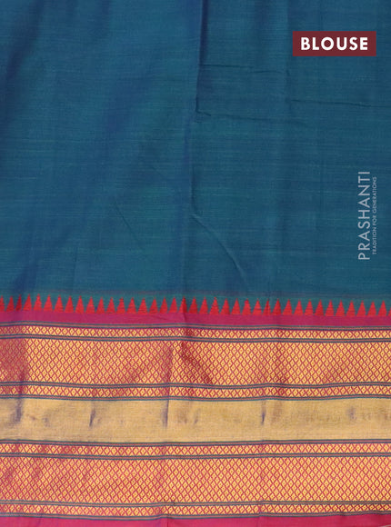 Narayanpet cotton saree dual shade of bluish green and maroon with plain body and zari woven border