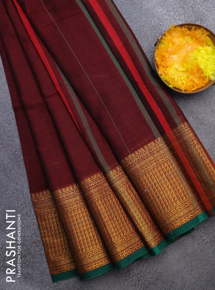 Narayanpet cotton saree maroon and green with plain body and zari woven border