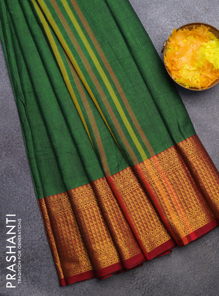 Narayanpet cotton saree green and maroon with plain body and zari woven border