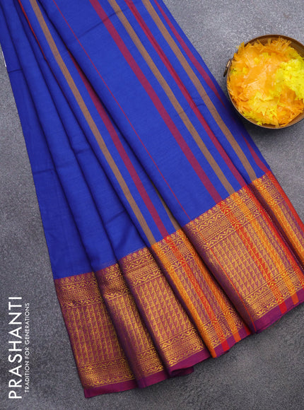 Narayanpet cotton saree blue and magenta pink with plain body and zari woven border