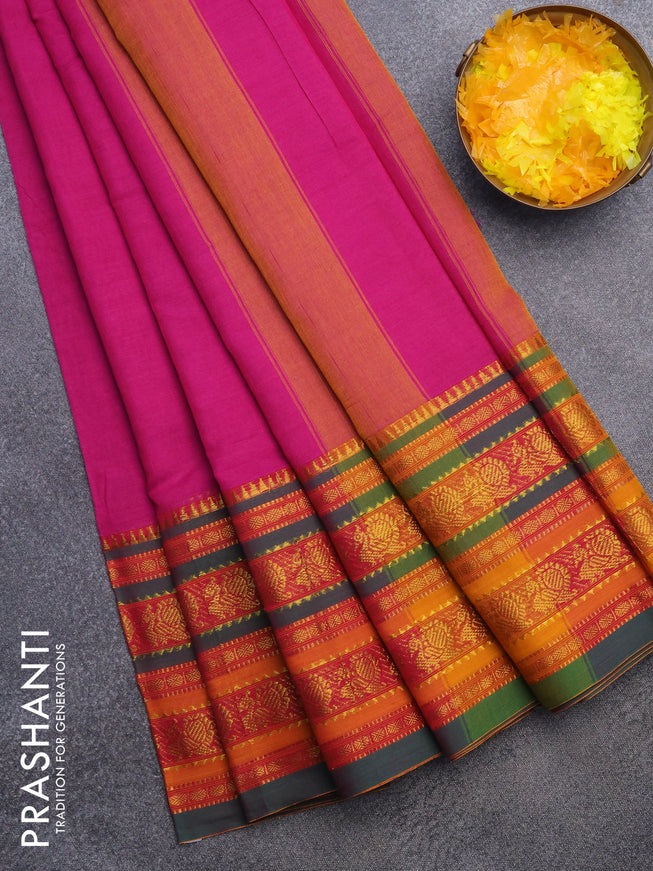 Narayanpet cotton saree pink and green with plain body and long annam zari woven border