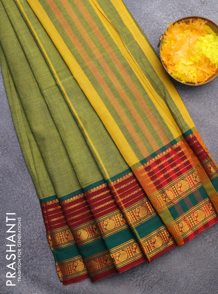 Narayanpet cotton saree light green and maroon with plain body and paisley zari woven border