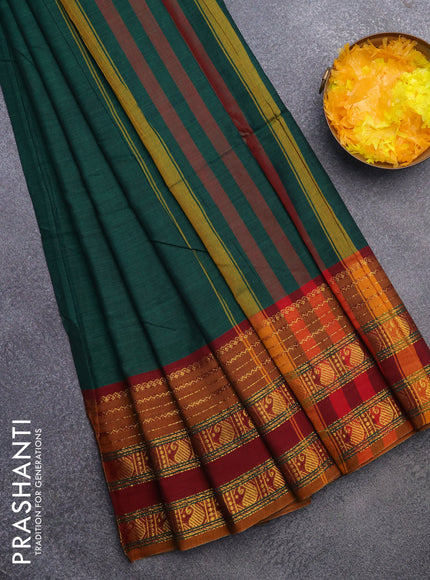 Narayanpet cotton saree green and maroon with plain body and paisley zari woven border