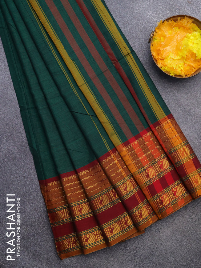 Narayanpet cotton saree green and maroon with plain body and paisley zari woven border