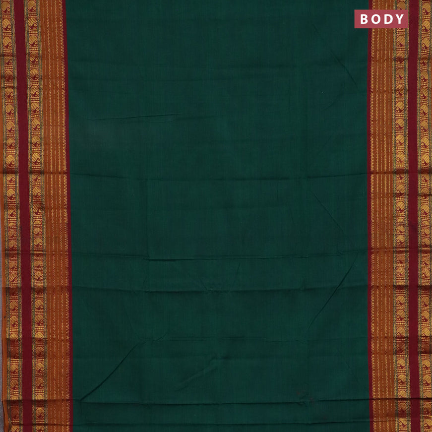 Narayanpet cotton saree green and maroon with plain body and paisley zari woven border