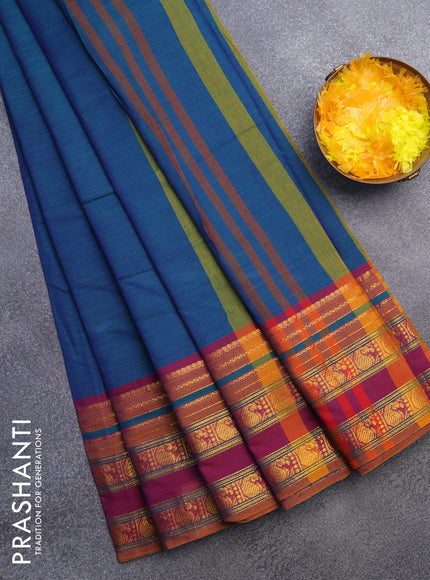 Narayanpet cotton saree dual shade of bluish green and magenta pink with plain body and paisley zari woven border