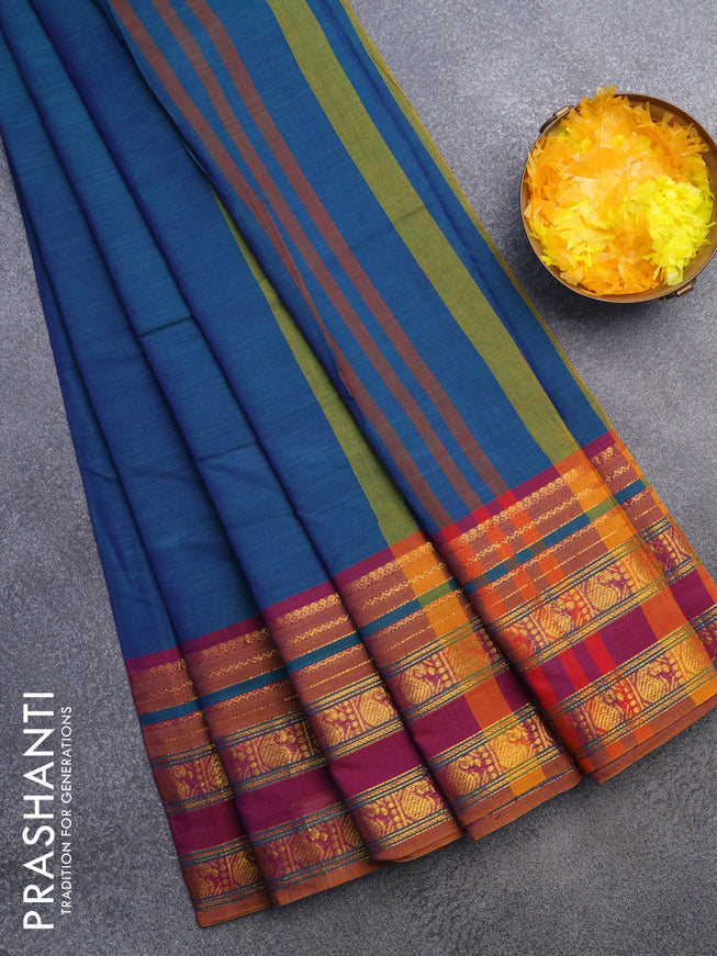 Narayanpet cotton saree dual shade of bluish green and magenta pink with plain body and paisley zari woven border