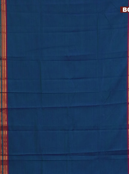 Narayanpet cotton saree dual shade of bluish green and magenta pink with plain body and paisley zari woven border