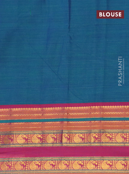 Narayanpet cotton saree dual shade of bluish green and magenta pink with plain body and paisley zari woven border