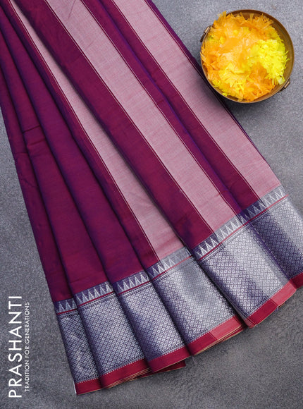 Narayanpet cotton saree purple with plain body and silver zari woven border