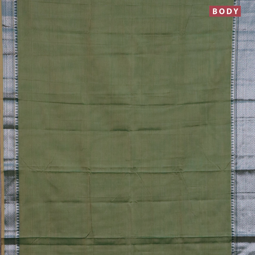 Narayanpet cotton saree green shade with plain body and silver zari woven border