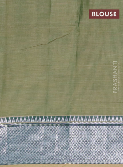 Narayanpet cotton saree green shade with plain body and silver zari woven border