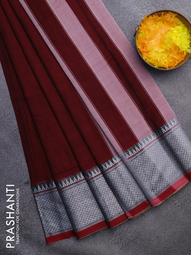 Narayanpet cotton saree maroon with plain body and silver zari woven border