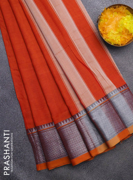 Narayanpet cotton saree orange with plain body and silver zari woven border