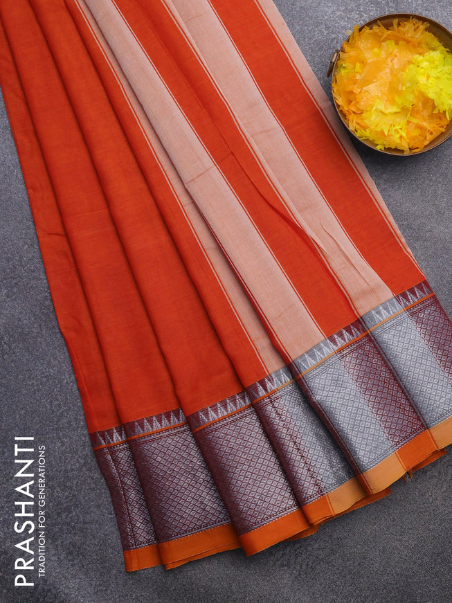 Narayanpet cotton saree orange with plain body and silver zari woven border