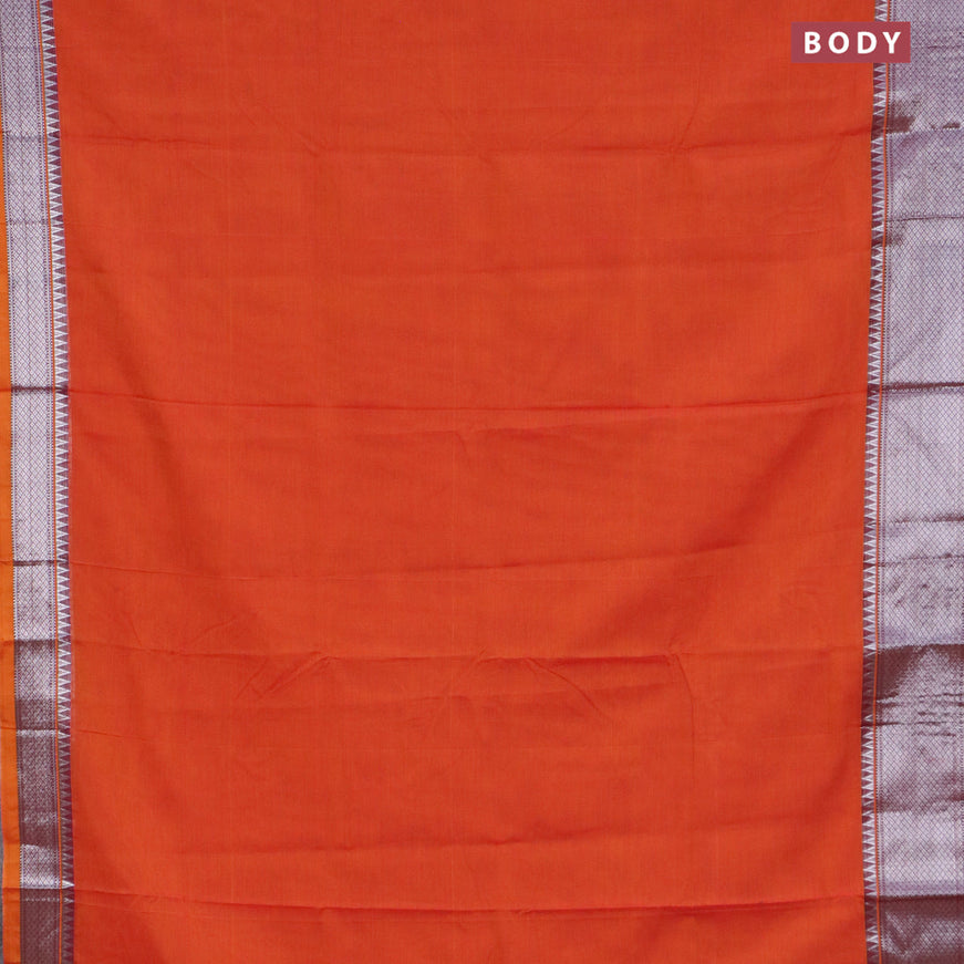 Narayanpet cotton saree orange with plain body and silver zari woven border