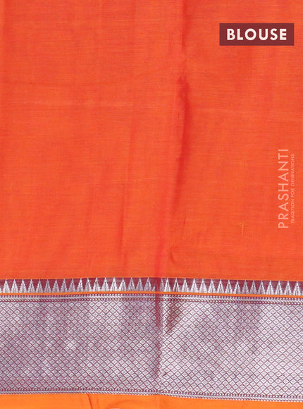 Narayanpet cotton saree orange with plain body and silver zari woven border