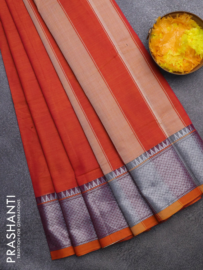 Narayanpet cotton saree dual shade of pinkish yellow with plain body and silver zari woven border