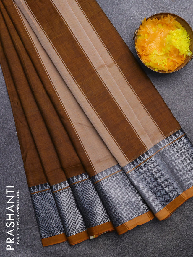 Narayanpet cotton saree mustard shade with plain body and silver zari woven border