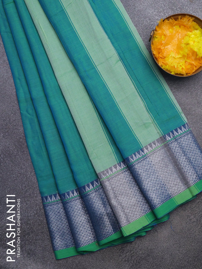 Narayanpet cotton saree dual shade of bluish green with plain body and silver zari woven border