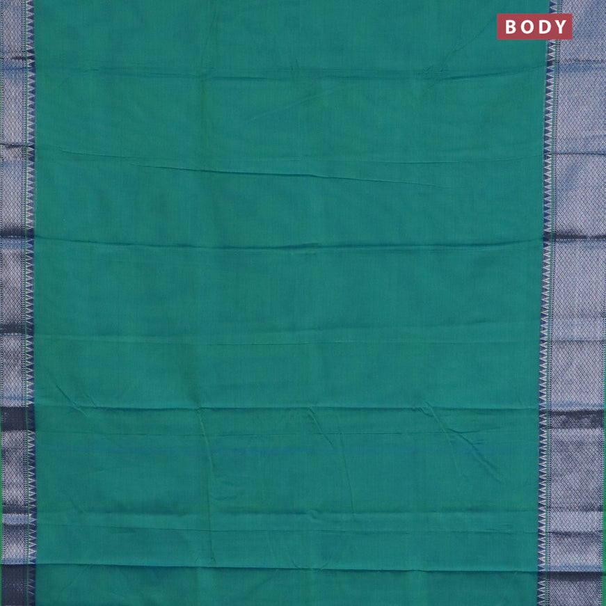 Narayanpet cotton saree dual shade of bluish green with plain body and silver zari woven border