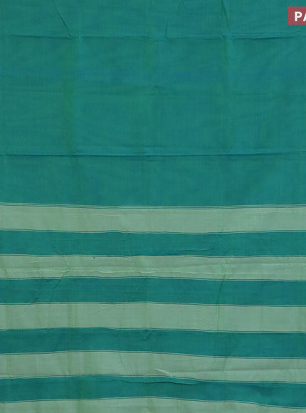 Narayanpet cotton saree dual shade of bluish green with plain body and silver zari woven border