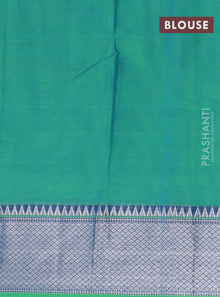 Narayanpet cotton saree dual shade of bluish green with plain body and silver zari woven border