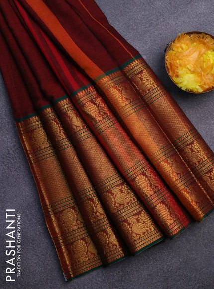 Narayanpet cotton saree maroon and green with plain body and long annam zari woven border