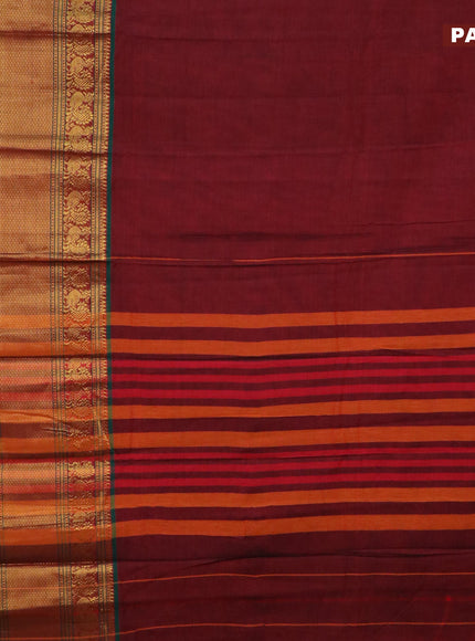 Narayanpet cotton saree maroon and green with plain body and long annam zari woven border