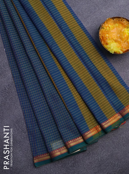 Narayanpet cotton saree dual shade of bluish green with allover checked pattern and small zari woven border