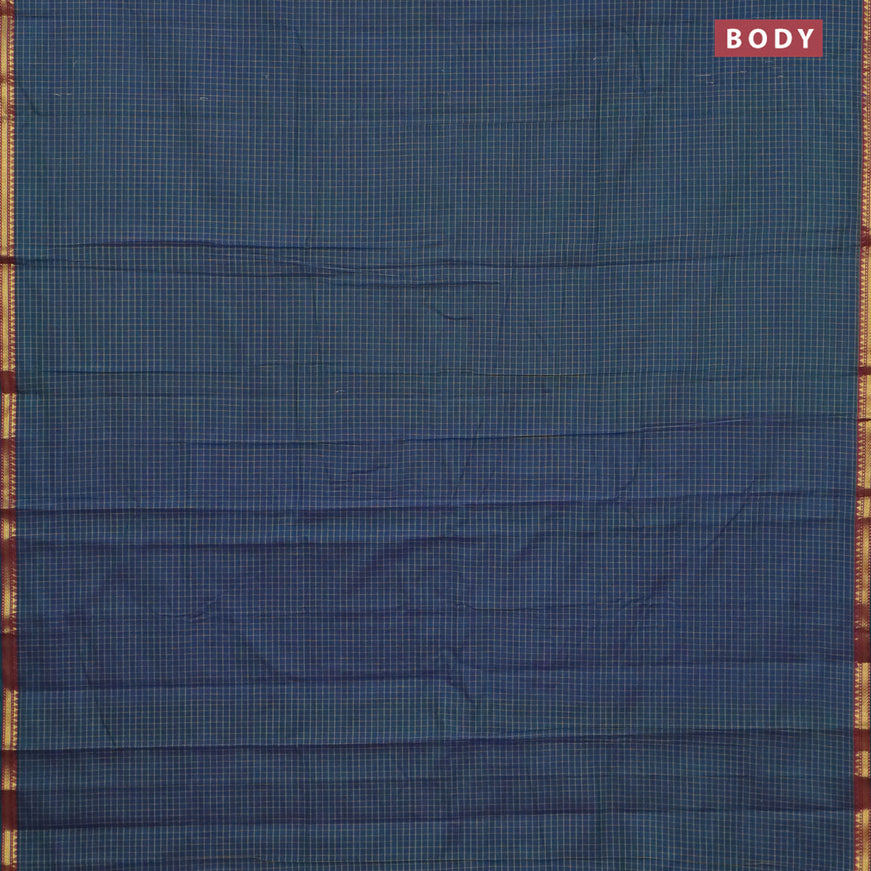 Narayanpet cotton saree dual shade of bluish green with allover checked pattern and small zari woven border