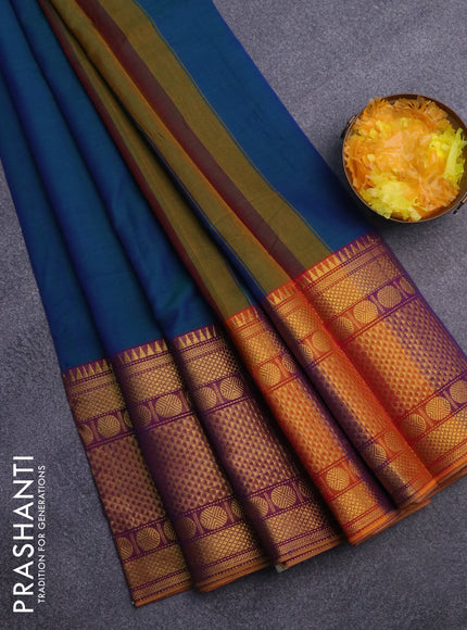 Narayanpet cotton saree dual shade of bluish green and purple with plain body and long rudhraksha zari woven border