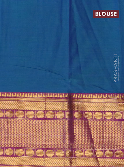 Narayanpet cotton saree dual shade of bluish green and purple with plain body and long rudhraksha zari woven border