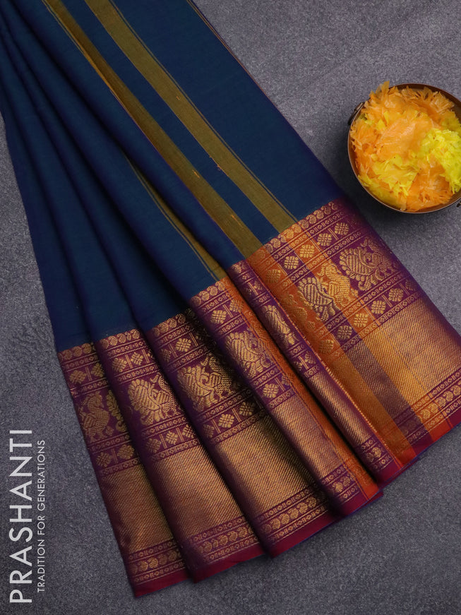 Narayanpet cotton saree dual shade of bluish green and dual shade of maroon with plain body and long annam zari woven border