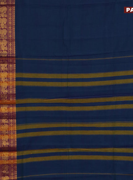 Narayanpet cotton saree dual shade of bluish green and dual shade of maroon with plain body and long annam zari woven border