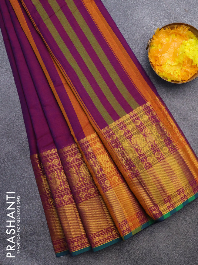 Narayanpet cotton saree purple and green with plain body and long annam zari woven border