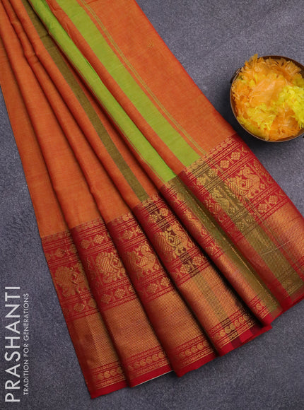 Narayanpet cotton saree dual shade of mustard and red with plain body and long annam zari woven border