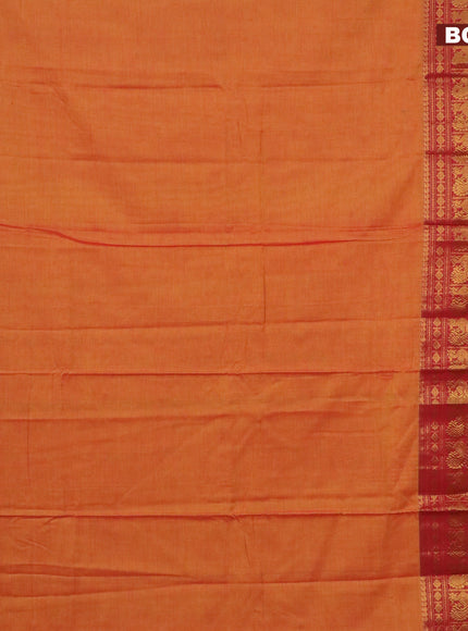 Narayanpet cotton saree dual shade of mustard and red with plain body and long annam zari woven border