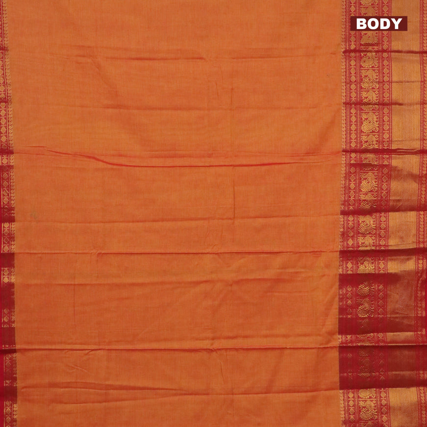 Narayanpet cotton saree dual shade of mustard and red with plain body and long annam zari woven border