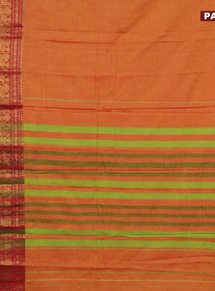 Narayanpet cotton saree dual shade of mustard and red with plain body and long annam zari woven border