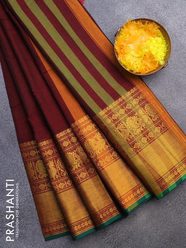 Narayanpet cotton saree maroon and green with plain body and long annam zari woven border