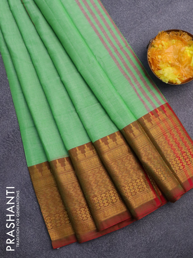 Narayanpet cotton saree light green and dual shade of red with plain body and long zari woven border