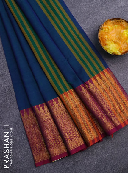 Narayanpet cotton saree dual shade of bluish green and magenta pink with plain body and long zari woven border