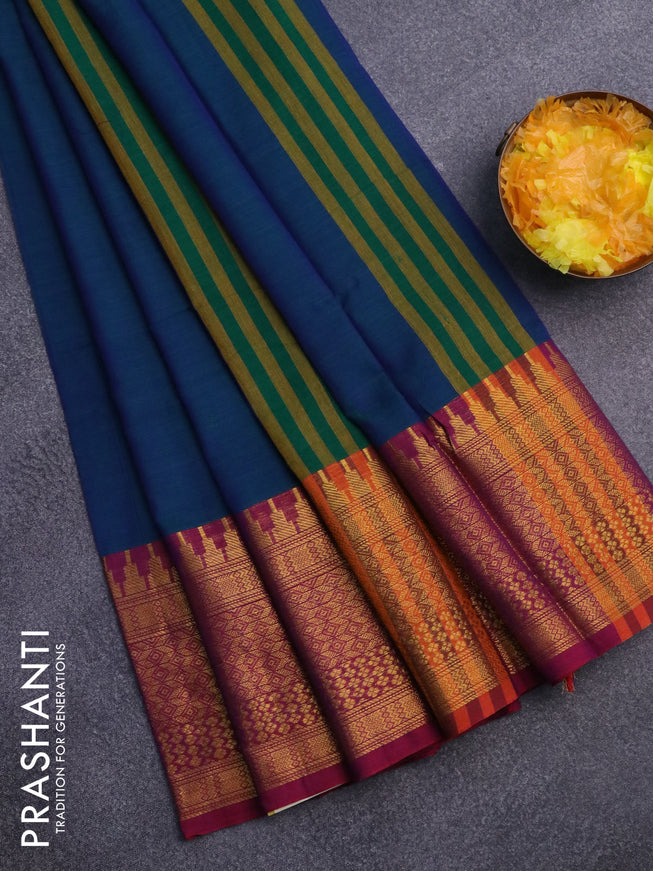 Narayanpet cotton saree dual shade of bluish green and magenta pink with plain body and long zari woven border