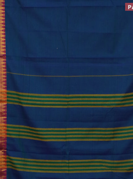 Narayanpet cotton saree dual shade of bluish green and magenta pink with plain body and long zari woven border